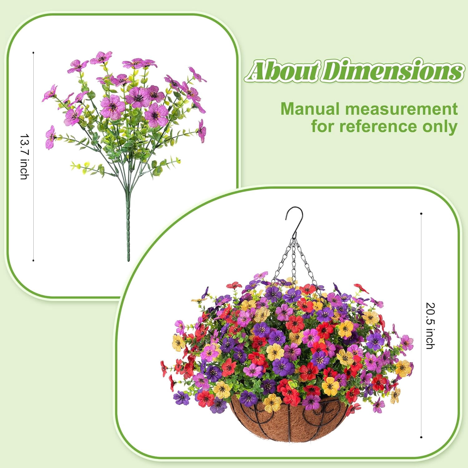 Artificial Flowers Hanging Basket for Outdoor Spring Summer Decor, Fake Silk Colorful Daisy Eucalyptus in 12" Metal Coconut Lining Pot Arrangement for Home Patio Yard Decor(Purple Red Yellow)