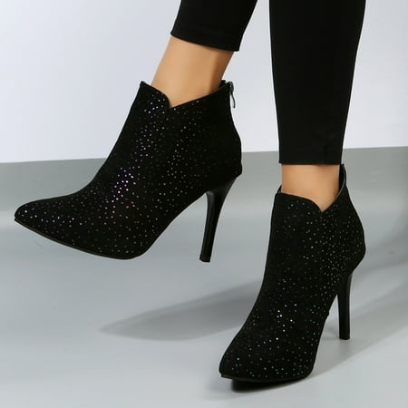 

Cathalem Flat Boots for Women Ladies Fashion Rhinestone Leather Top Pointed High Heel Shoes Back Zipper No Heel Boots for Women Black 7