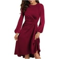thumbnail image 2 of Elvqul Dresses for Women Wine Knee Length Pleated Dress Tunic Crew Neck Solid Color Winter Long Sleeve Ladies Midi Dresses Party, 2 of 4