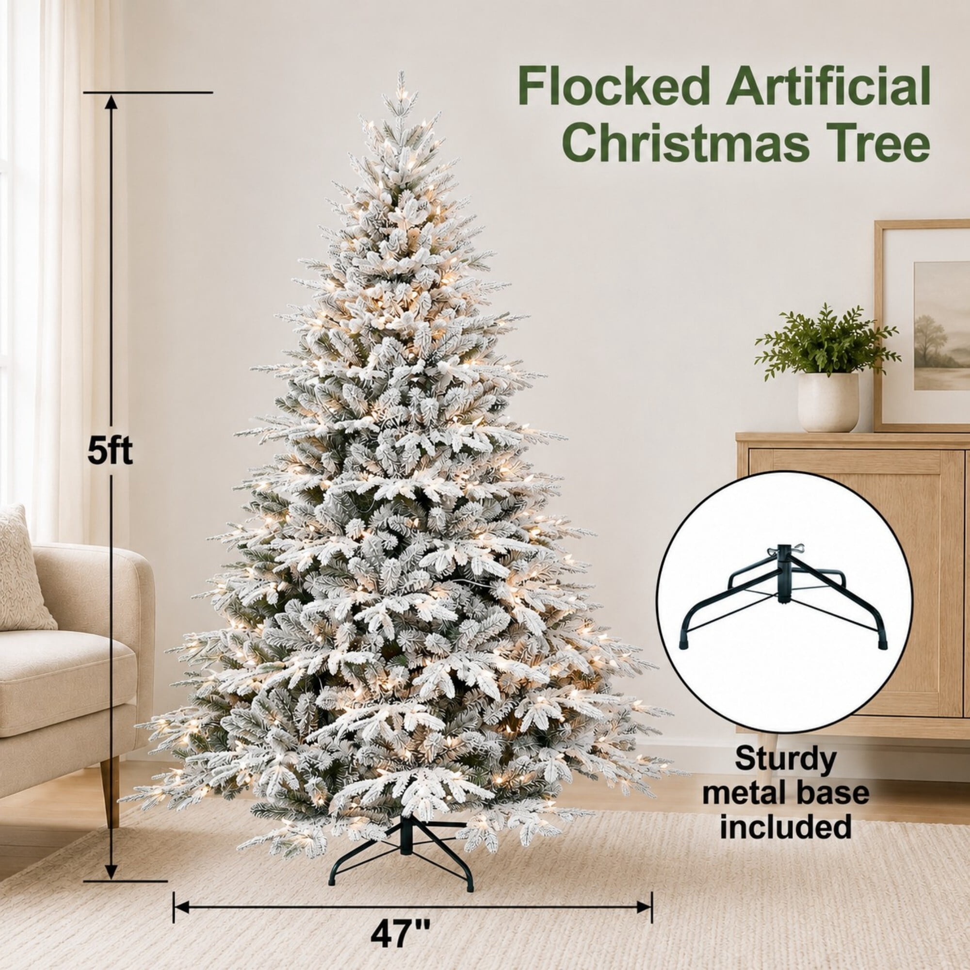 DEALTOPS 5ft Pre-Lit Flocked Artificial Christmas Tree, 300 Warm White Lights, 1419 Tips, Foldable Metal Stand