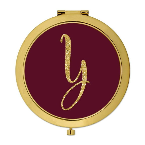 Koyal Wholesale Gold Compact Mirror Bridesmaid's Wedding Gift, Burgundy Maroon Jewel Tone , Monogram Letter Y, 1-Pack