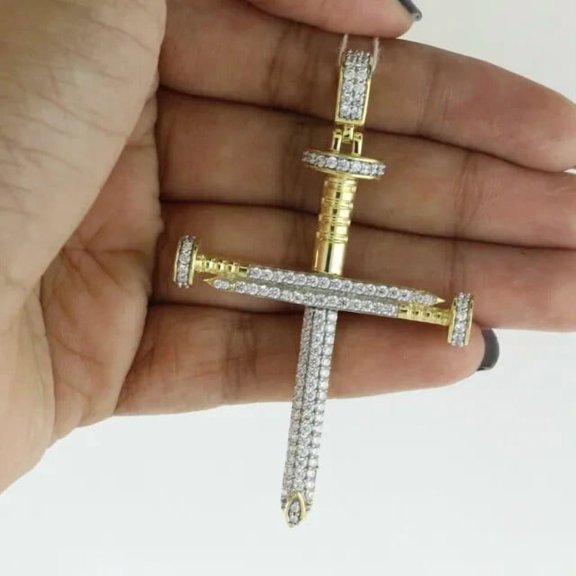 1.90Ct Round Cut Lab Created Diamond Nail Cross Pendant 14k Yellow Gold Plated