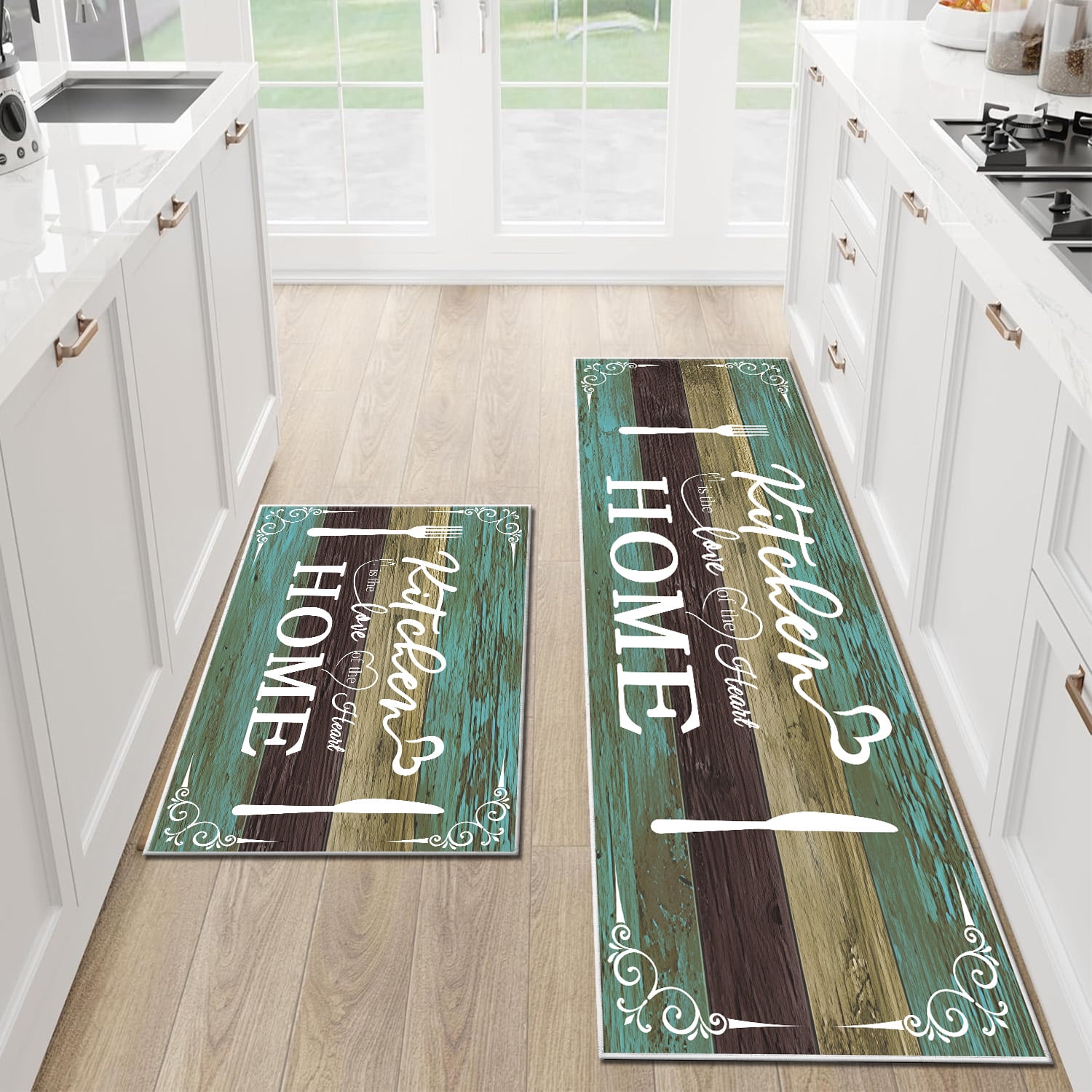 2 Pieces Rug Set, Non-Slip Mats Soft Kitchen Area Rugs, Suitable for Kitchens, Laundry Rooms, and Hallways (Teal, 20" x 32" + 20"x 48")