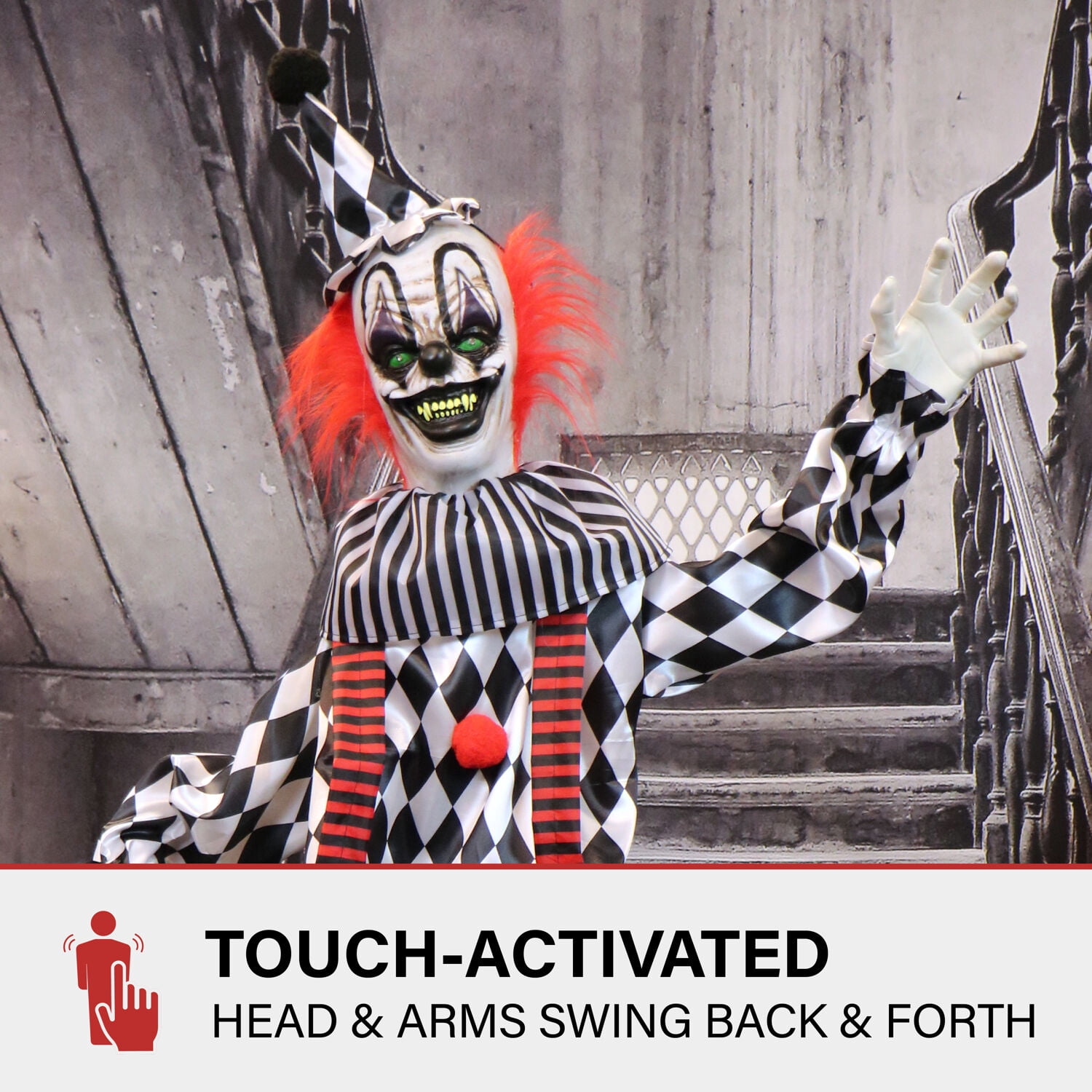 Haunted Hill Farm 6 ft Animatronic Talking Clown on a Stage with Movement and Light-Up Eyes for Scary Halloween Decoration, HHCLOWN-31FLSA