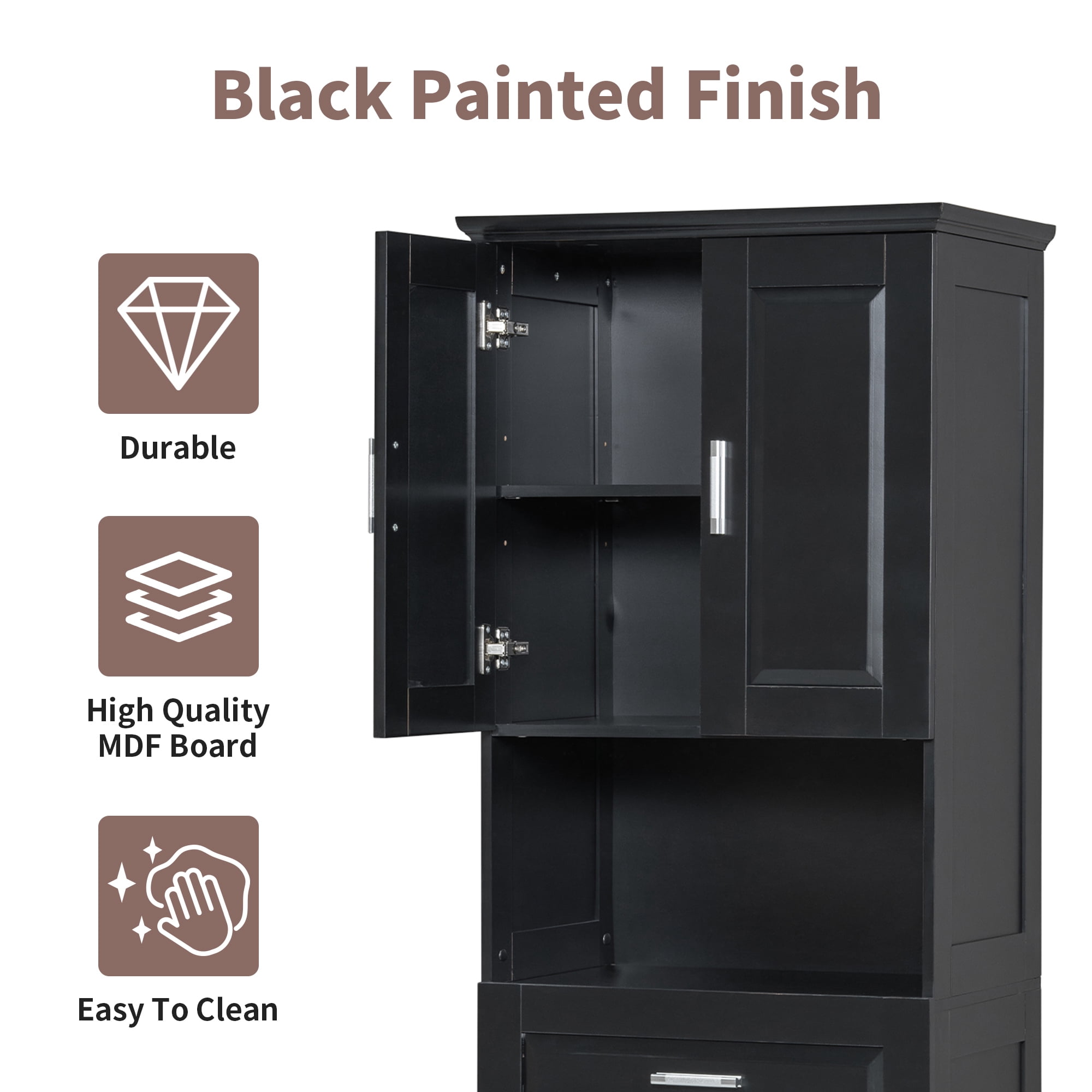 Leumius 70" Tall Bathroom Storage Cabinet with Drawer & Laundry Basket，Modern Freestanding Tilt-Out Laundry Hamper and Upper Storage Cabinet,Black