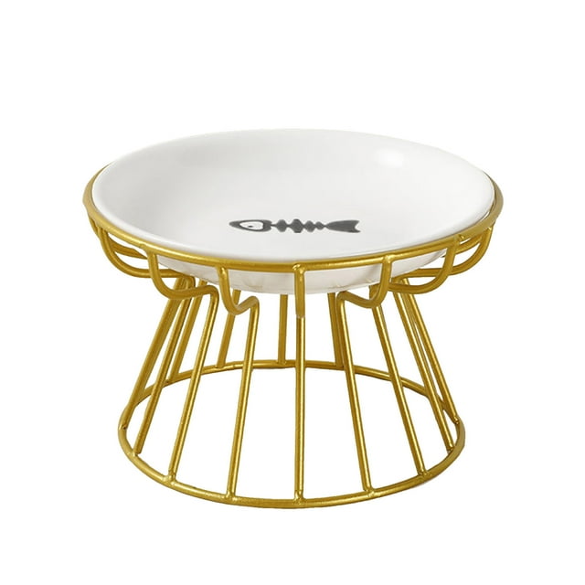SIfdSeng Raised Ceramic Cat Dish with Metal Stand Friendly Vomit Ceramic Cat Plate Elevated Bowl with Stand for and Small Dogs Gold Rack Plate Raised Dish with Metal St 1Pc Raised Cat Bowl Ceramic Set