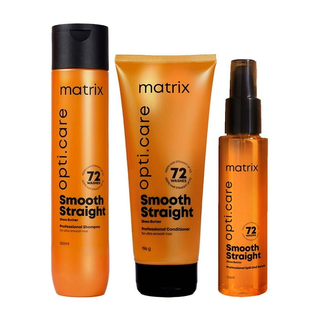 Matrix Opti.Care Shampooing Professionnel, 350 ml, Revitalisant, 196 g, et Serum, combo de 100 ml. l'Ensemble Comprend une Élégante Bouteille de Shampooing orange, un tube Assorti d'Après-shampoing et une Bouteille de Serum Compacte, Tous Enrichis de Beurre de Karité pour des Cheveux Lisses et Raides. Conçu pour Protéger les Traitements Post-Lissage et Réduire les Frisottis jusqu'à 72 Lavages.