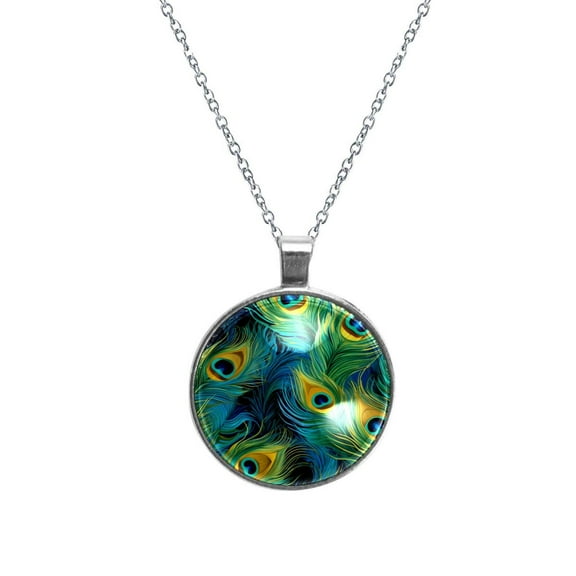 Peacock Feathers Women's Circular Glass Pendant Necklace Jewelry