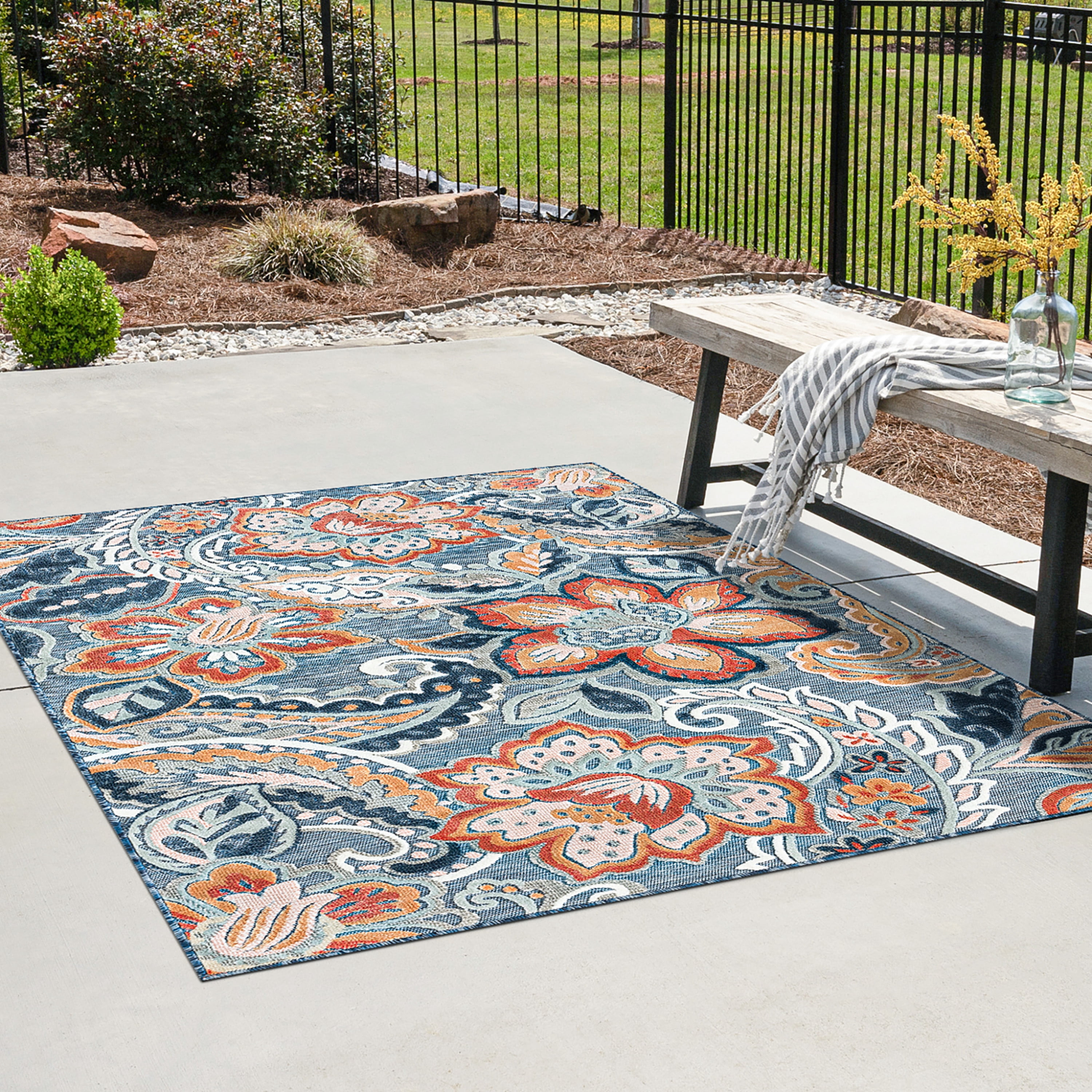 Bliss Rugs Tropical Floral Indoor Outdoor Area Rug for Patio, Porch, Garden Modern | Dark Blue, 3'10'' x 5'3''