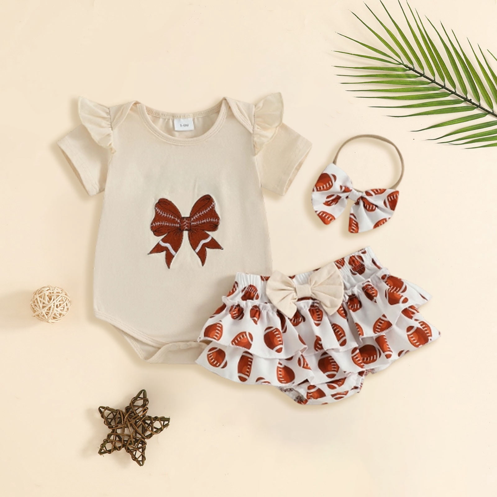 Faraee 0-18 Months Newborn Infant Baby Girl Clothes Ruffle Short Sleeve Romper Shorts Set Bowknot Floral Summer Outfits Beige