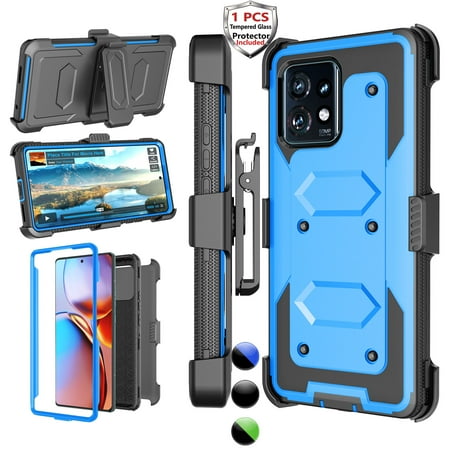 Njjex Phone Cases for Motorola Moto Edge Plus 2023 , Shockproof Combo Holster Belt Clip [Heavy Duty] [Kickstand] Full-Body Rugged Holster Case（Blue)