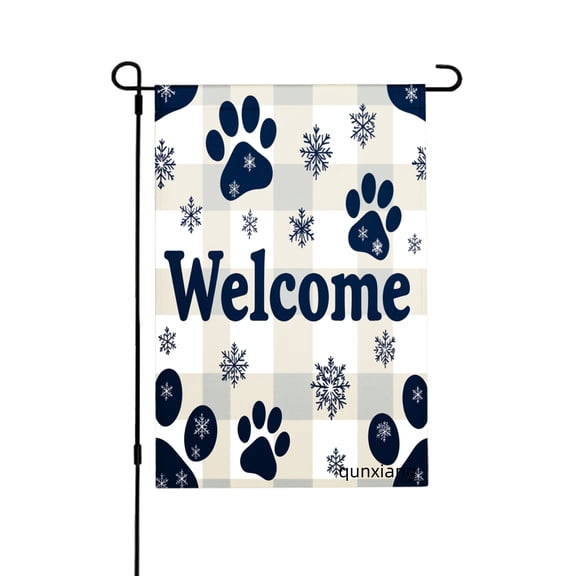 Amhnf Welcome Paw Prints Snowflakes Plaid Garden Flag For Home Outdoor Garden Yard Decor 12x18 inch