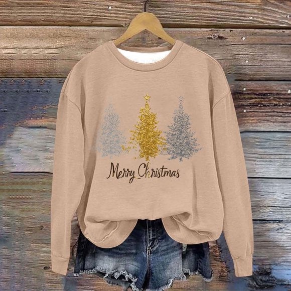 UPPADA Cute Christmas Shirts for Women Funny Christmas Sweatshirts Christmas Tree Print Sweatshirts Long Sleeve Crew Neck Holiday Merry Christmas Gifts fall savings Khaki,M