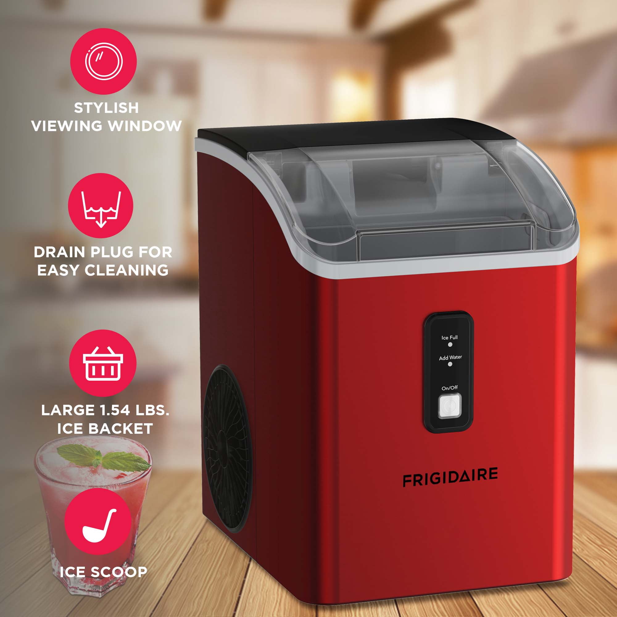 Frigidaire Nugget Ice Maker 33 Lbs, Red – Countertop Soft Pellet Ice Maker, Stainless Steel Ice Machine for Home, Kitchen, Bar