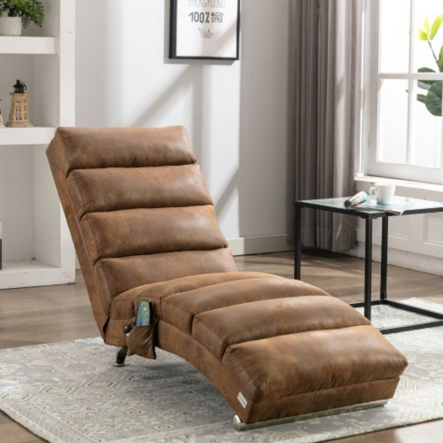 Upholstered Chaise Lounge Chair with Vibration, Modern Fabric Leisure Recliner with Ergonomic Fixed Back, Side Pocket & Lumbar Pillow, 300 lbs Capacity, Coffee