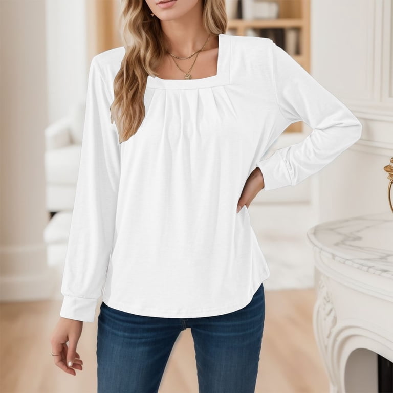 Women's Solid Color Square Neck Pleated Jacquard Long Sleeve Loose