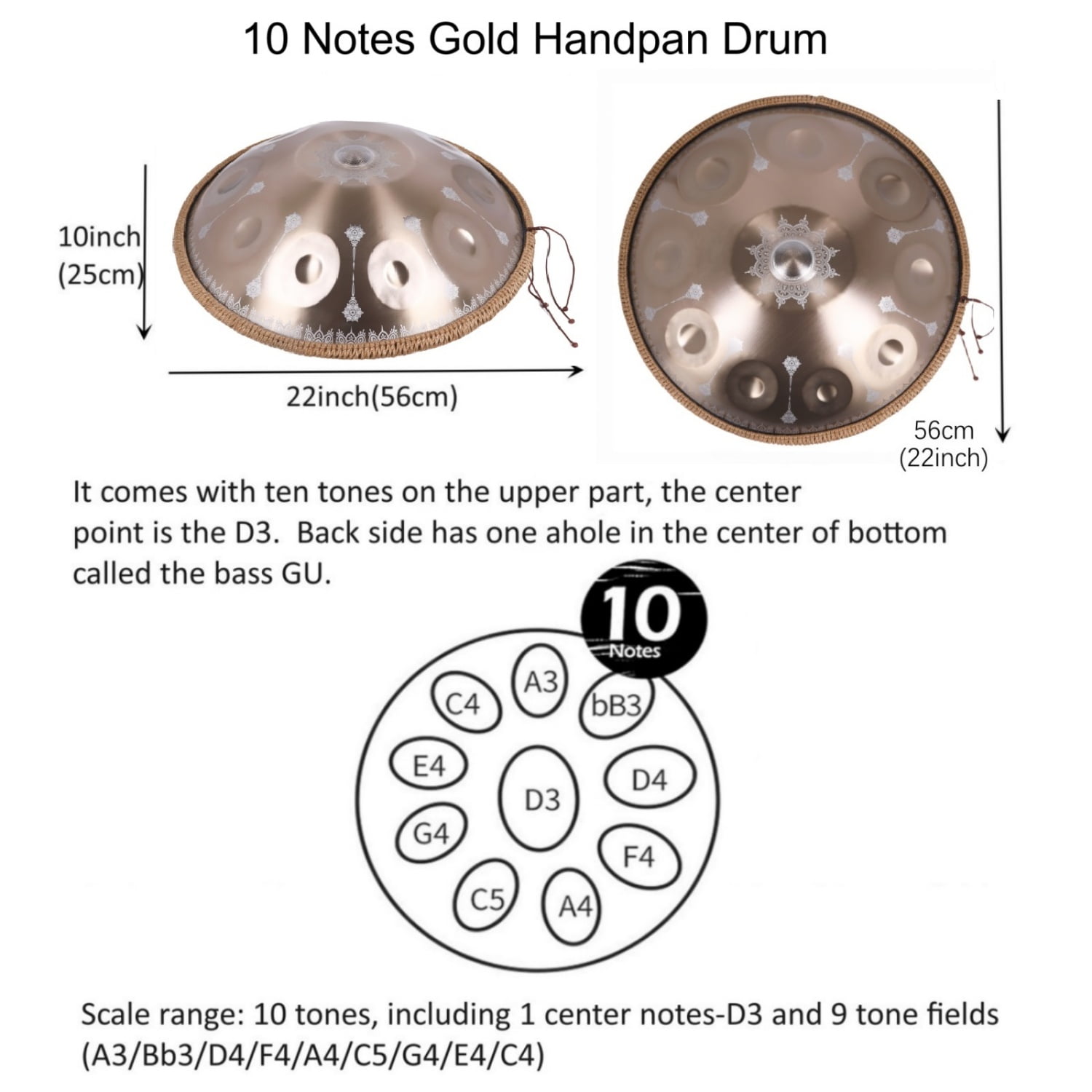 440HZ Tambourine Steel Drum in D Minor 22Inch Golden 10 Notes Mandala Handpan Percussion Drum with Soft HandPan Bag
