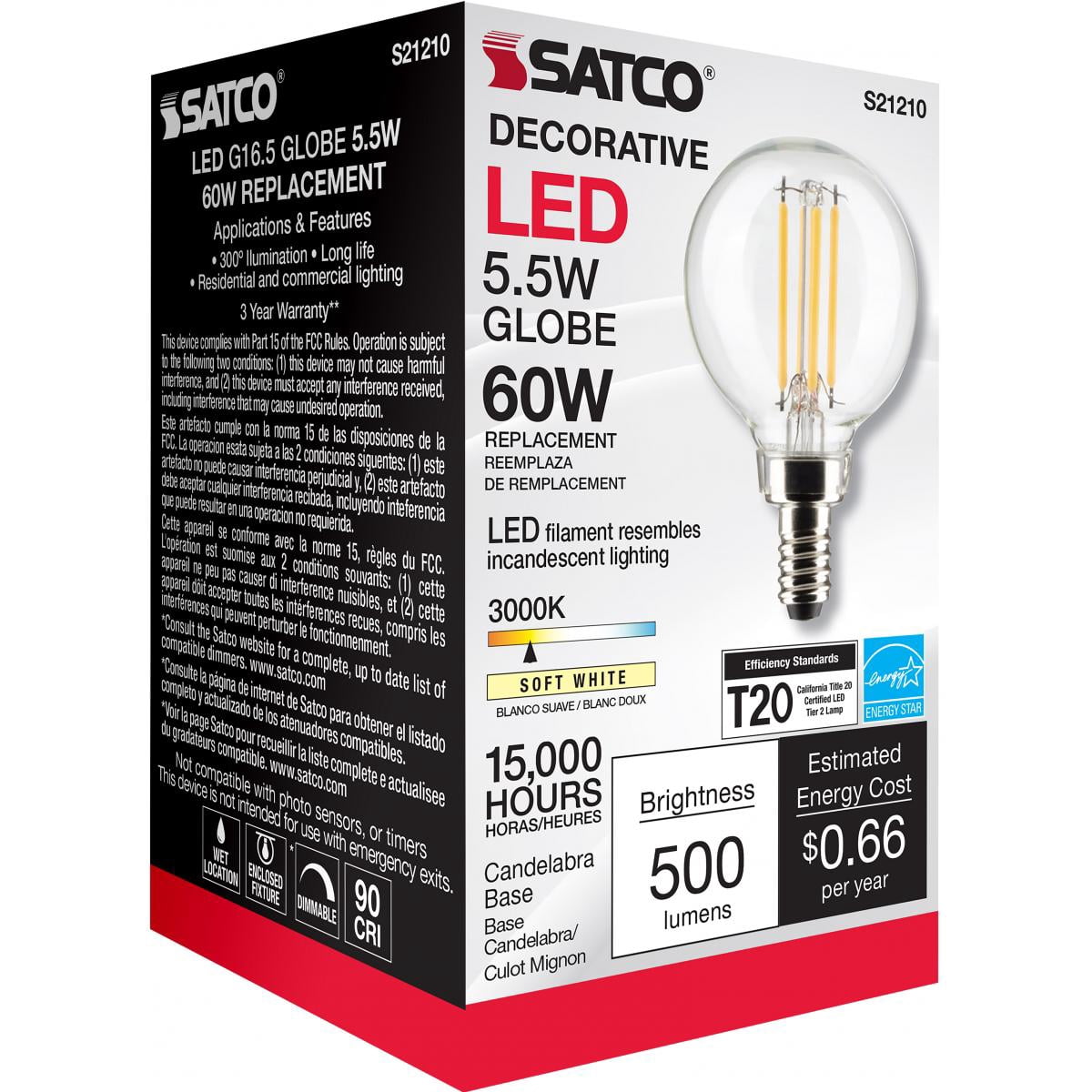 Satco S21210 G16.5 Globe LED Light Bulbs 5.5W 120V 3000K 90CRI E12 Candelabra Base Dimmable (6 Pack)