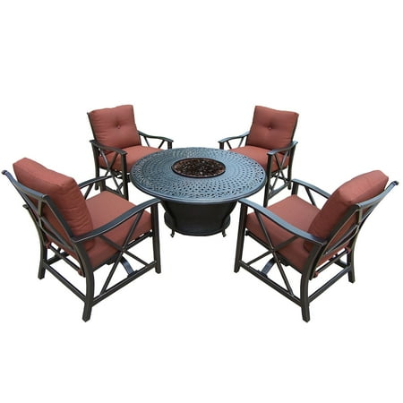 Newport Deep Seating Outdoor Furniture 5-Piece Bronze Finish Aluminum Outdoor Furniture Patio Fire Pit Deep Seating Chat Set - Red Cushions ()