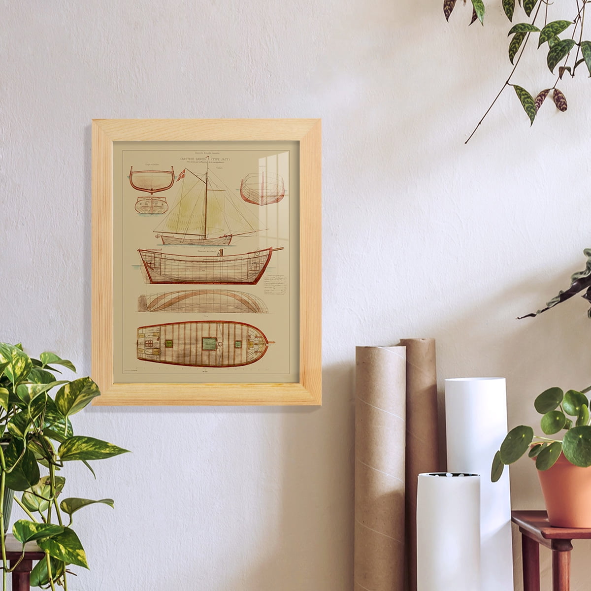 Antique Ship Plan III -Framed Print w/glass-Natural Wood