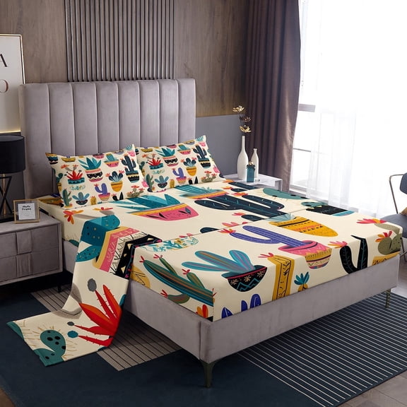 Cactus Bed Sheets King Colorful Succulents Sheet Set,Tropical Botanical Bedding Sheets,Exotic Tribal Plants 1 Fitted Sheet 1 Flat Sheet 2 Pillow Cases Bedroom Decor