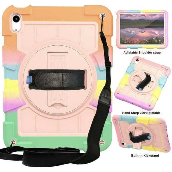 ELEHOLD Hybrid Rugged Case for iPad 10th Gen 10.9" 2022, Heavy Duty Shockproof Cover with 360° Rotation Handstrap Kickstand Detachable Shoulder Strap Pencil Holder for iPad 10.9 Inch,Rosegold