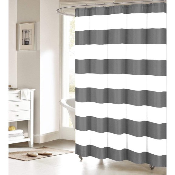 Fabric Shower Curtain: Nautical Stripe Design (Grey and White) 72x84inch