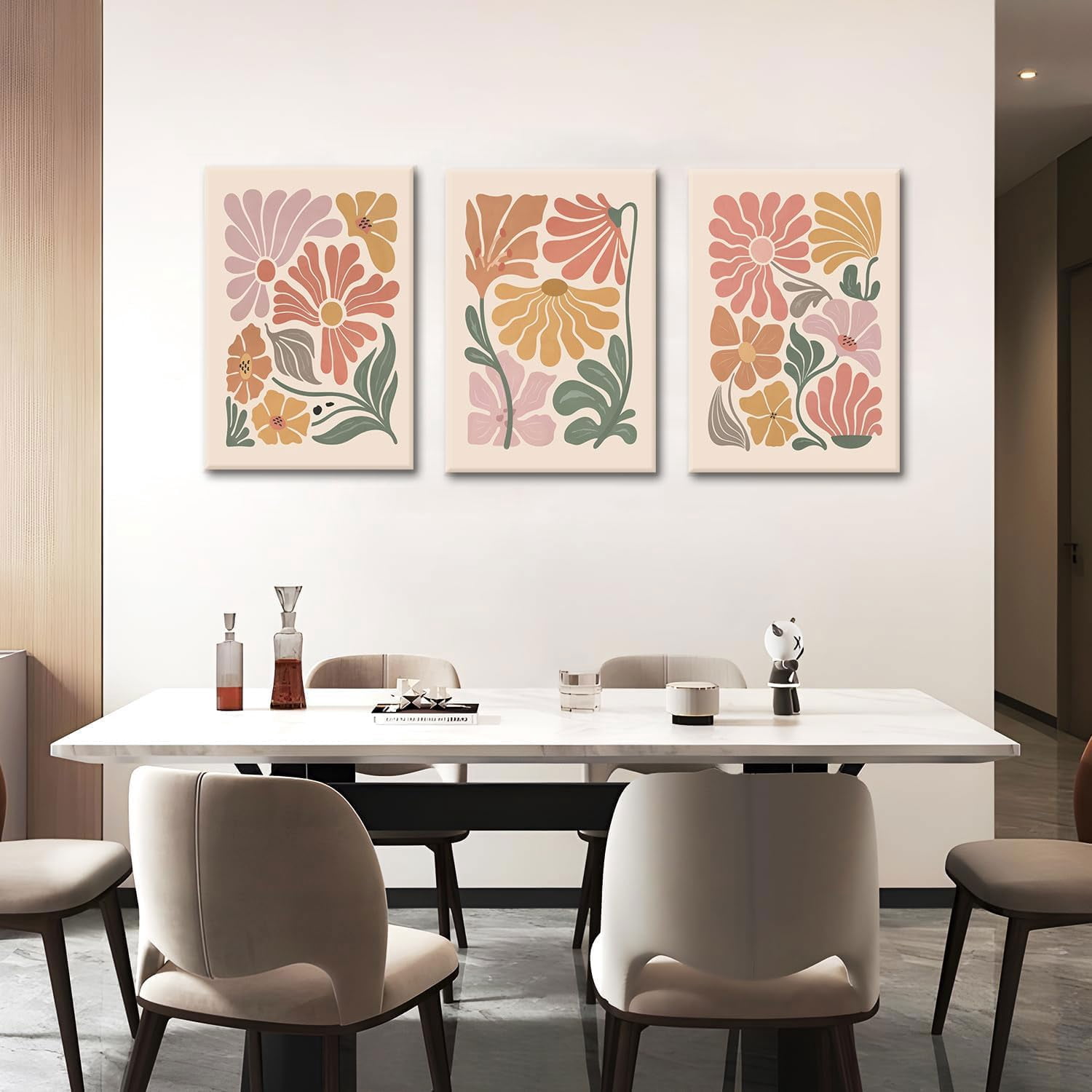 Boho Flower Canvas Wall Art Abstract Floral Pictures Prints Set of 3 Minimalist Botanical Painting Poster Flower Market Aesthetic Wall Decor for Living room Bedroom 12"x16" Framed