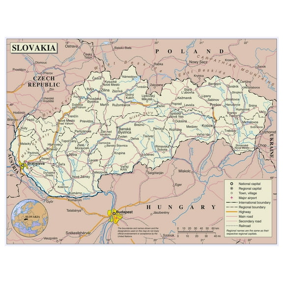 Palmetto Posters 24x31 Laminated Poster: Large detailed political and administrative map of slovakia with roads railroads major cities and airports