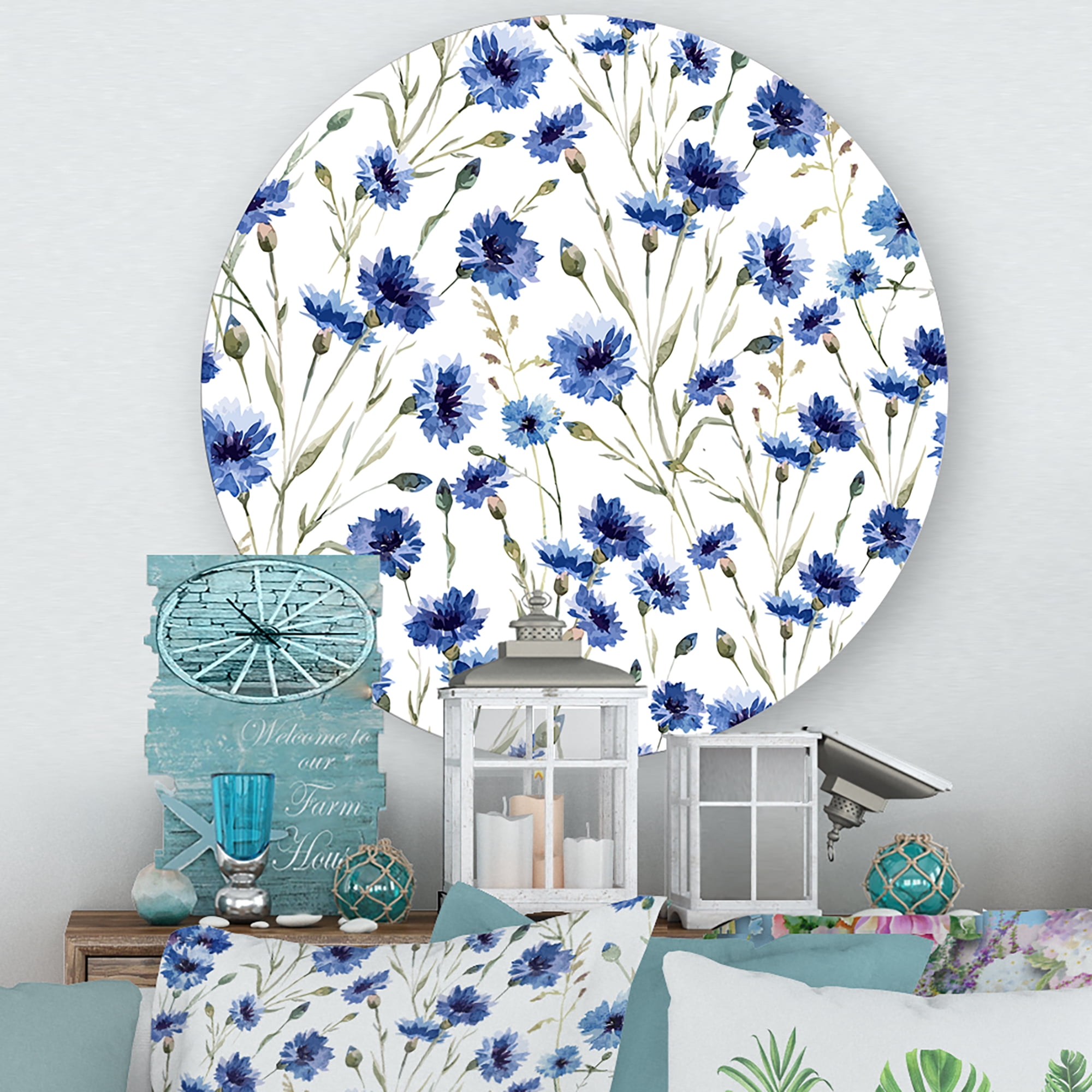 Designart 'Blue Wildflowers With Green Leaves On White' Traditional Circle Metal Wall Art 11x11 - Disc of 11