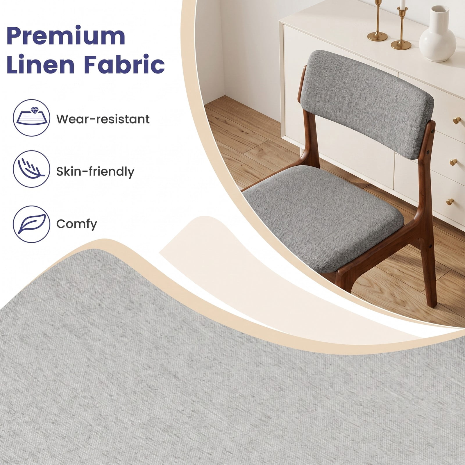 Furnibear Modern Padded Dining Chairs Set of 2, Upholstered Linen Fabric Kitchen Chairs with Solid Rubber Wood Legs, Ergonomic Slanted Backrest Accent Side, Brown