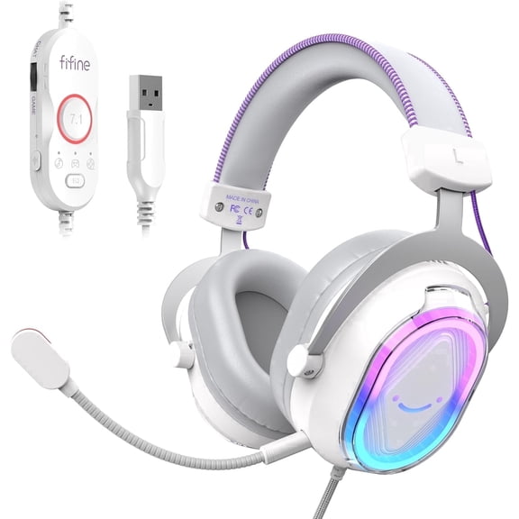 FIFINE H13 PC Gaming Headset for PS5 with Noise Canceling Microphone, Software Control, 7.1 Surround Sound, Customizable RGB, Game/Chat Balance, White
