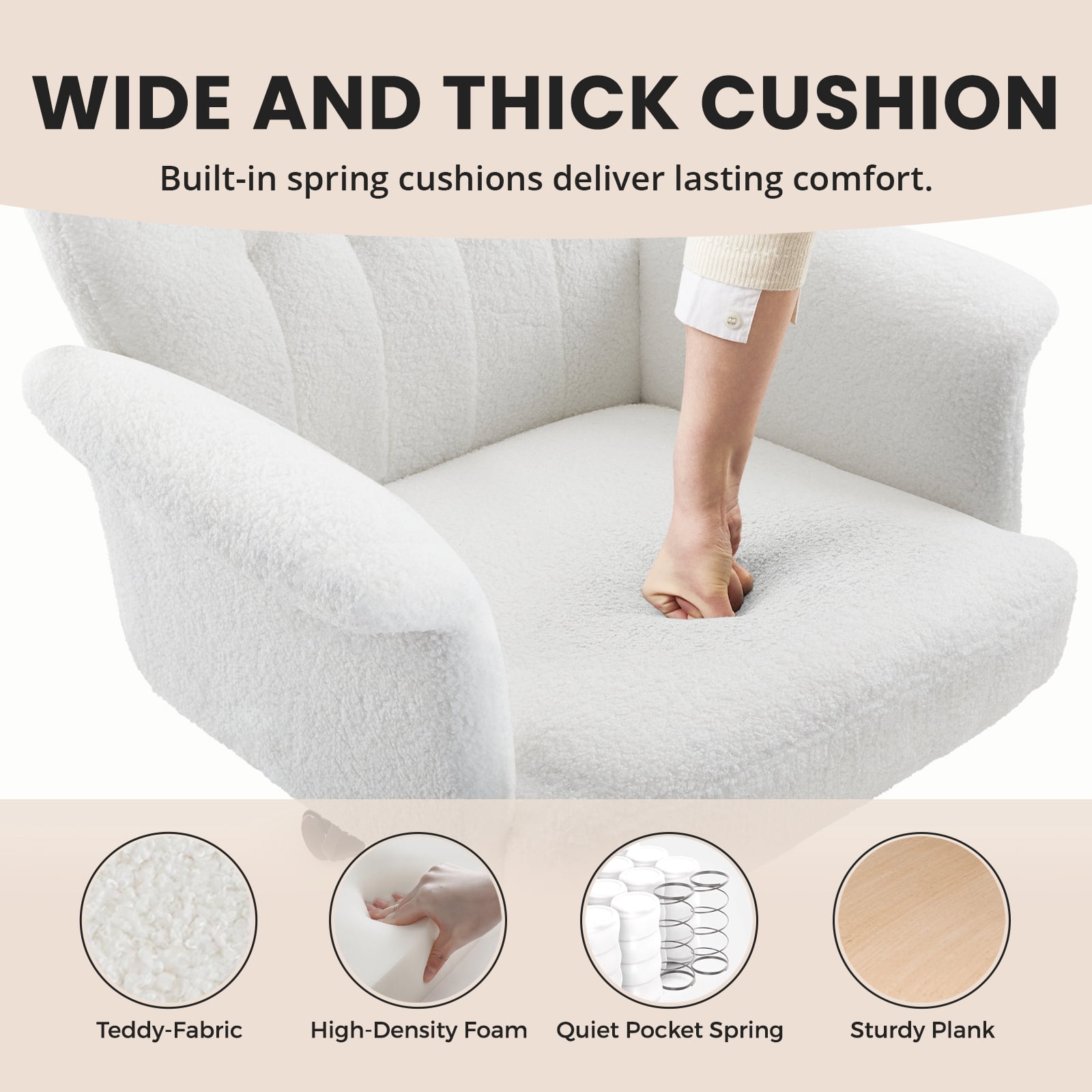 Home Office Desk Chair, Teddy Fabric Cozy Desk Chair with Wheels and Arms, Modern Upholstered High Back Wide Seat Vanity Chair for Bedroom Living Room Makeup