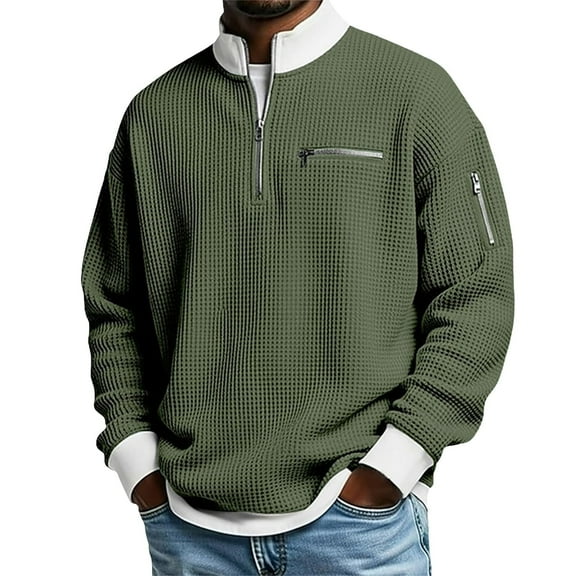 Dresfit Polo Shirts Men Long Sleeve V Neck Waffle Sweater 2026 Winter Lightweight Textured Sweatshirt Cuffed Solid Color Big and Tall Knit Sweatshirts Army Green S