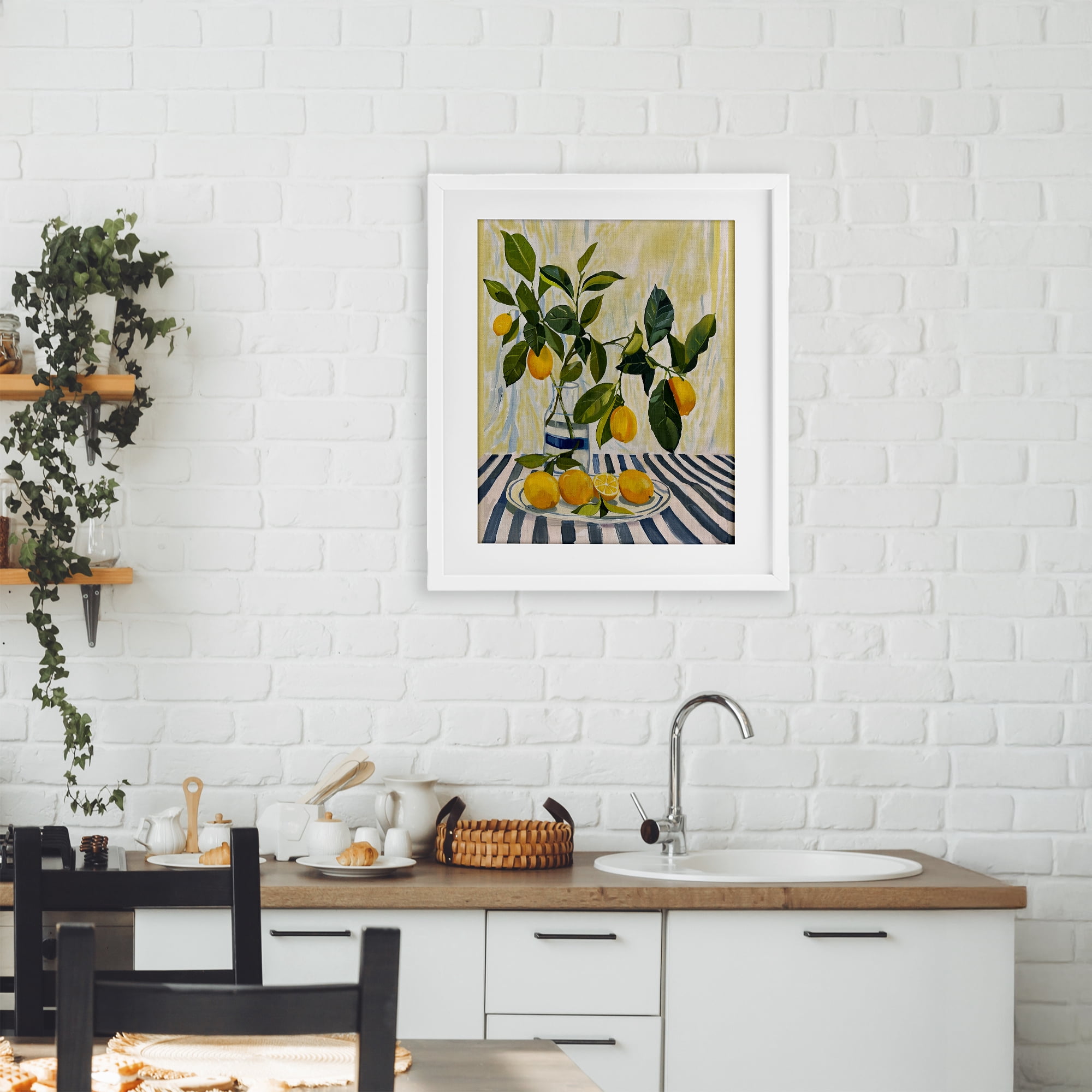 Stupell Industries Lemons on Striped Tablecloth White Framed Print Under Glass, design by Yen