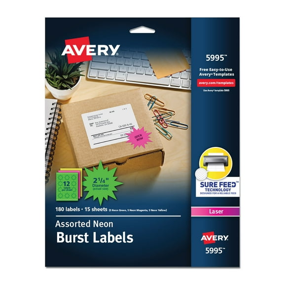 high-visibility id labels, laser printers, 2.25" dia, assorted, 12/sheet, 15 sheets/pack
