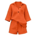 thumbnail image 5 of Women's Summer Linen 2 Piece Set V Neck 3/4 Sleeve Shorts Beach Casual, 5 of 8