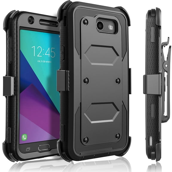 Galaxy J3 Emerge Case, Galaxy J3 Prime Case, [SUPER GUARD] Dual Layer Protection With [Built-in Screen Protector] Holster Locking Belt Clip Circle(TM) Stylus Touch Screen Pen (Black)