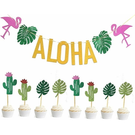 2 in 1 - Flamingo Gold Glittery Aloha Banner Decorations - Luau Hawaiian Aloha Party Decorations Tropical Leaves Cake Toppers Set of 8