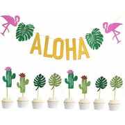 2 in 1 - Flamingo Gold Glittery Aloha Banner Decorations - Luau Hawaiian Aloha Party Decorations Tropical Leaves Cake Toppers Set of 8