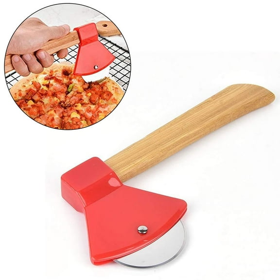 SaKaguro Axe-Shaped Pizza Cutter Knife with Rotating Blade, Wooden Handle, Stainless Steel Type, Size: 7.17" L * 4.02" W * 3.23" H, Red