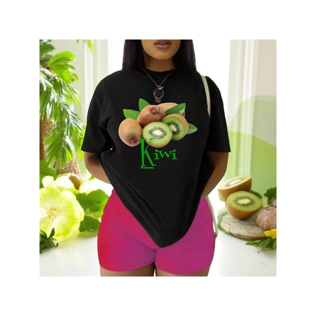 Playera Blusa De KIWI – Estilo Tropical que Te Llena de Vida Ropa Para Mujer Color Negro Talla Grande Marca Emil SaEs