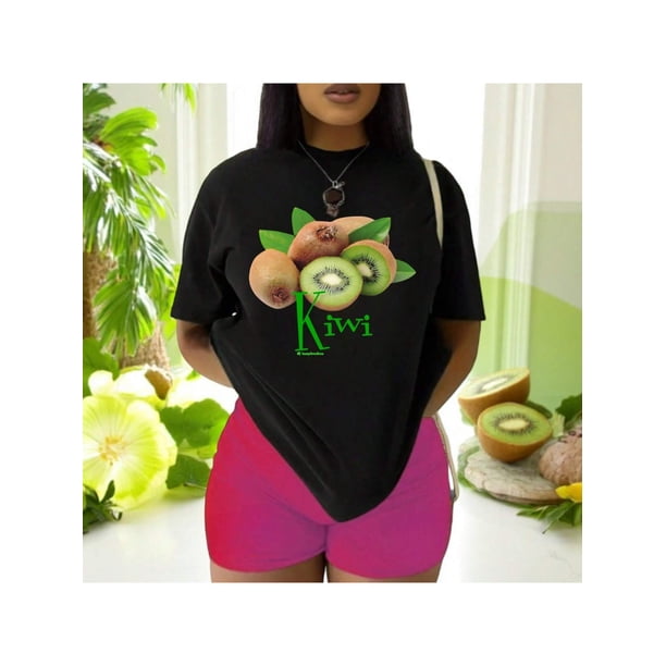 Playera Blusa De KIWI – Estilo Tropical que Te Llena de Vida Ropa Para Mujer Color Negro Talla Chica Marca Emil SaEs