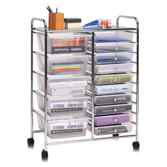 WDZS 15 Drawer Rolling Storage Cart Tools Scrapbook Paper Office School Organizer, Clear