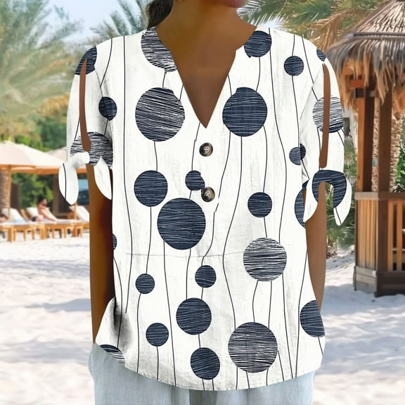 Rezuofi 1 Pcs Summer Tops for Women 2025 Button Down Short Sleeve Boho Tops Fashion V Neck Blouse Tees Spring Cotton Tunic Tshirt