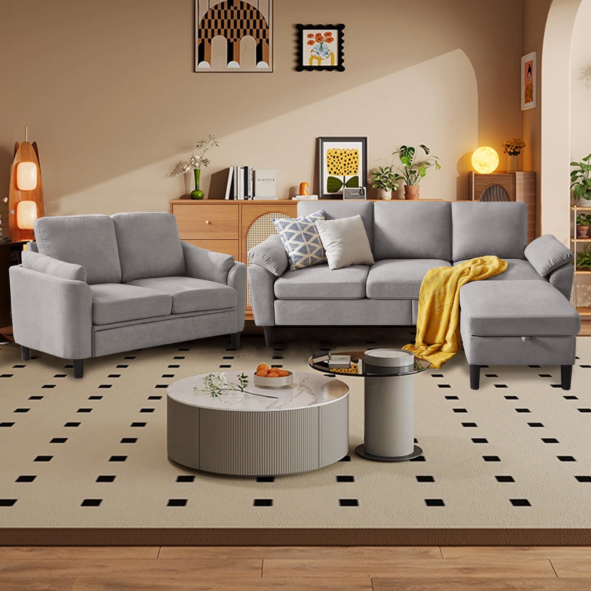 Pingliang Home Sectional Sofa Couch with Storage Ottoman and Loveseat,Modern 5 Seater Sofa Couch Set,L Shaped Couch with Footstool for Living Room Apartment Studio Office,Light Gray