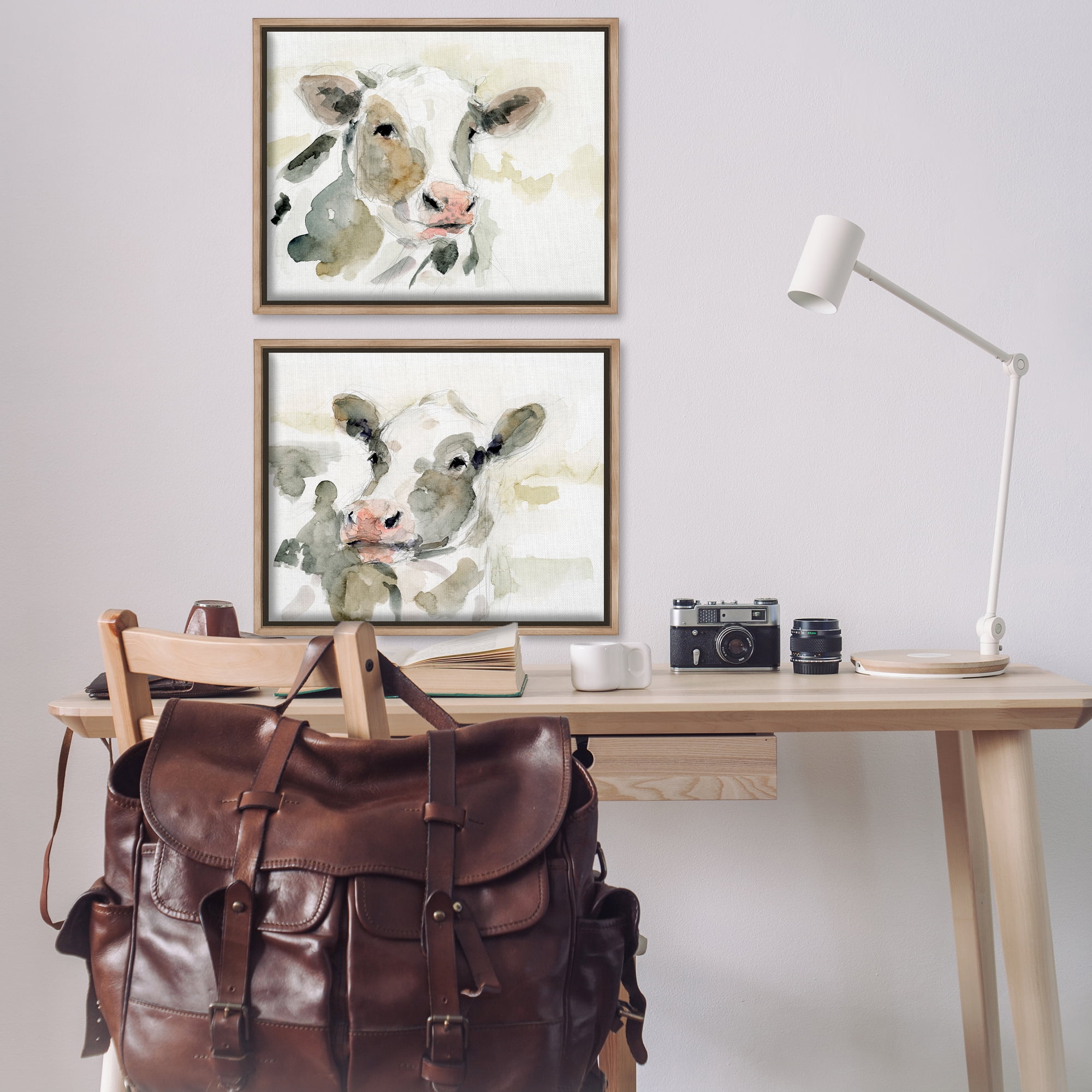 Stupell Industries Watercolor Holstein Farm Cows Animals Painting Brown Floater Framed Canvas Art Print Wall Art, 31 x 25, Set of 2