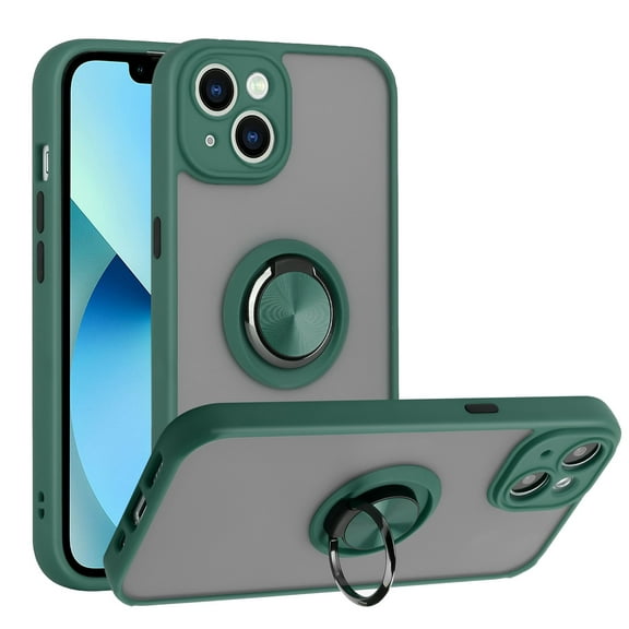 For Apple iPhone 14 6.1 inch Impact Metal Ring Holder Stand Magnetic Car Mount Protective Hybrid Case Cover Green