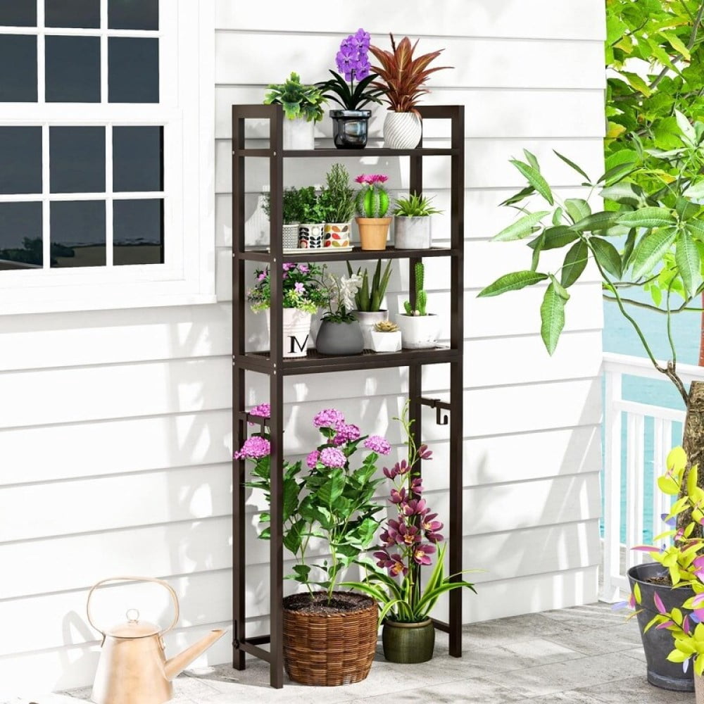 Zrodlmo Over The Toilet Storage Shelf, 3-Tier Freestanding Steel Bathroom Organizer, Adjustable Space Saver Rack with Hooks, Black