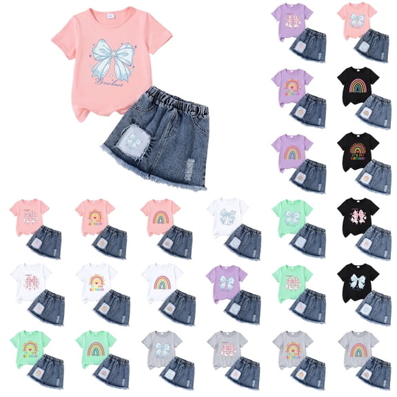 larppty Toddler Baby Girl Birthday Outfit Birthday Girl Shirt and Elastic Skirt Set Cute Summer Clothes Smash Cake Outfits(Q, 6-7 Years)